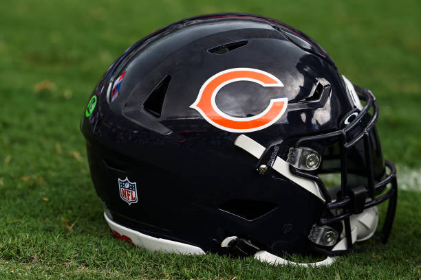 : Detailed view of an Chicago Bears helmet prior to an NFL football game against