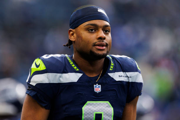 Coby Bryant #8 of the Seattle Seahawks before a game against the Los Angeles Rams