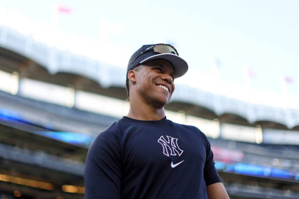 Juan Soto #22 of the New York Yankees smiles before the game against 