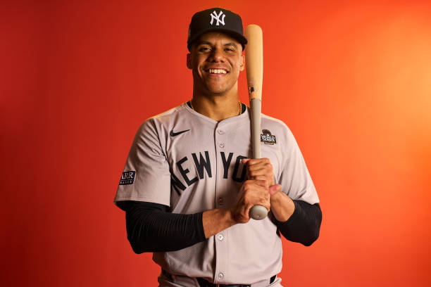 Juan Soto #22 of the New York Yankees poses for a photo during the workout day