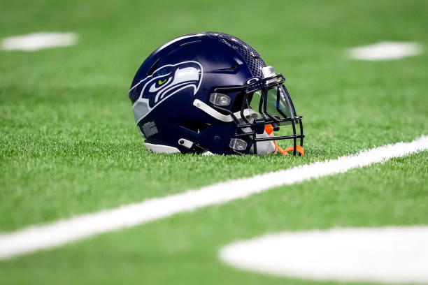 A detail of a Seattle Seahawks football helmet before the game against