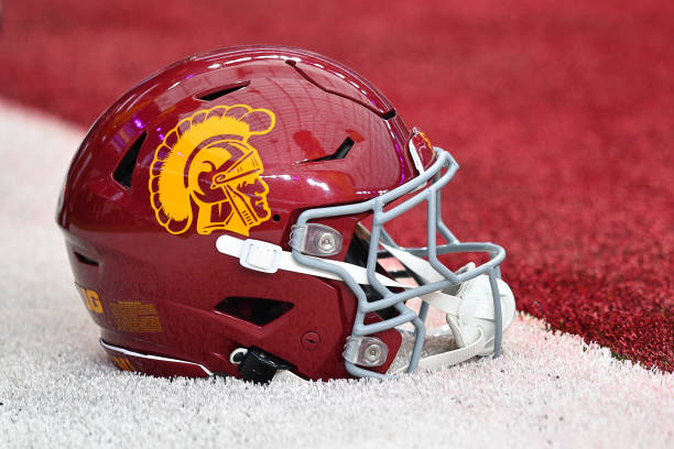 : A USC helmet on the field before the Modelo Vegas Kickoff Classic game between the LSU Tigers and the USC Trojans