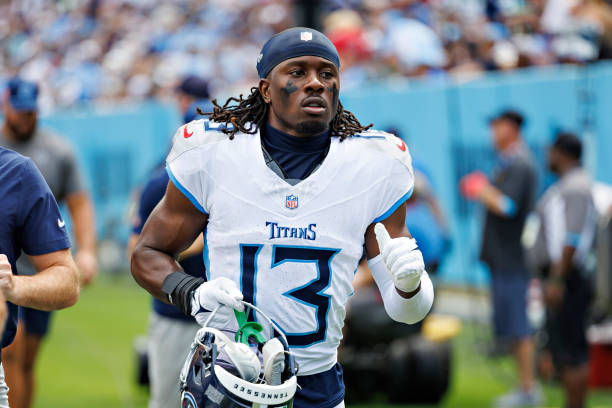 Chidobe Awuzie #13 of the Tennessee Titans jogs to the locker room at halftime during a game aga