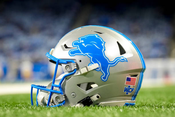  A detailed view of the Detroit Lions logo on a helmet on the field before the game against the 