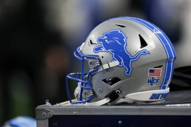 A Detroit Lions helmet is seen on the sidelines during a game against