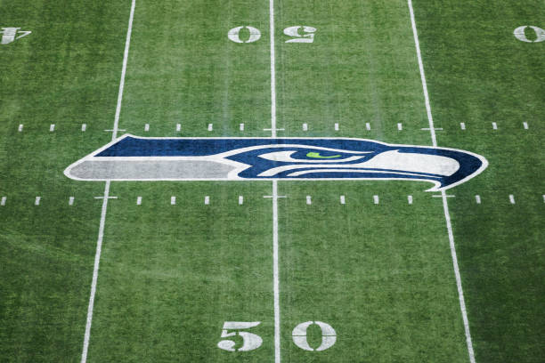 A general view of the Seattle Seahawks logo on the field during the first half