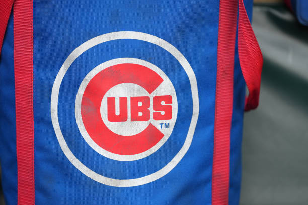 The Chicago Cubs logo shown on a ball bag before a baseball game against the Baltimore Orioles