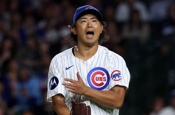 Imanaga reacts after striking out the last batter of the seventh inning against the Pittsburgh Pirates 