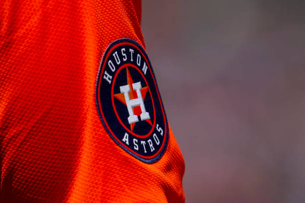 The Houston Astros logo on a uniform against the Detroit Tigers at Comerica