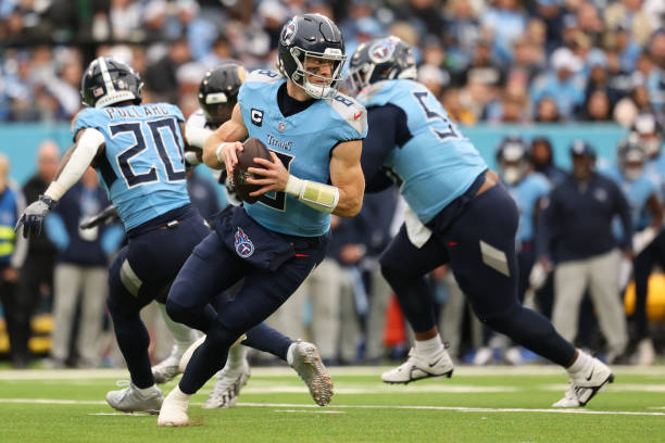 Will Levis #8 of the Tennessee Titans looks to pass during the second quarter against the